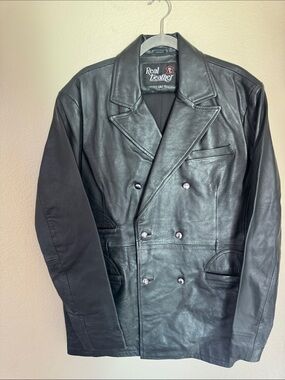 Real Leather Men’s Black Double-Breasted Pea Coat